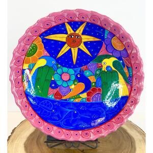 Talavera Vintage Mexican Folk Art Footed Bowl Sun Bird Design Hand Painted Pink
